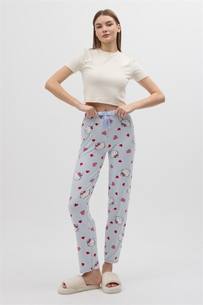 Çizgili Kalp Desenli Beli Bağcıklı Kadın Pijama Altı 4529