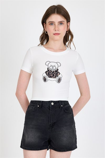 Ekru Ayıcık Baskılı Leopar Detaylı Slim Fit Crop Tişört 0549