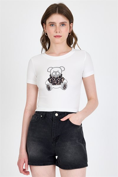 Ekru Ayıcık Baskılı Leopar Detaylı Slim Fit Crop Tişört 0549