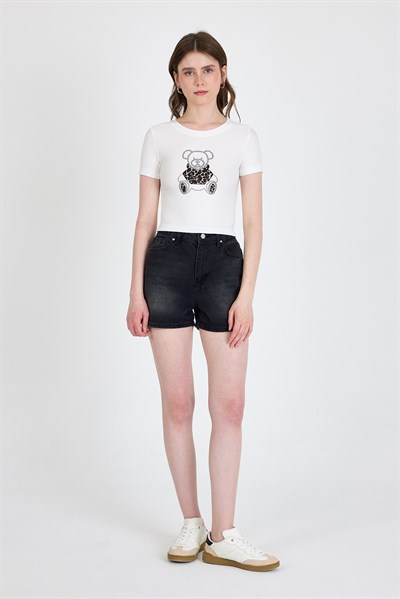 Ekru Ayıcık Baskılı Leopar Detaylı Slim Fit Crop Tişört 0549