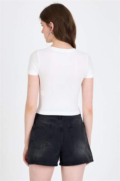 Ekru Ayıcık Baskılı Leopar Detaylı Slim Fit Crop Tişört 0549