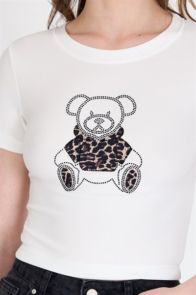 Ekru Ayıcık Baskılı Leopar Detaylı Slim Fit Crop Tişört 0549