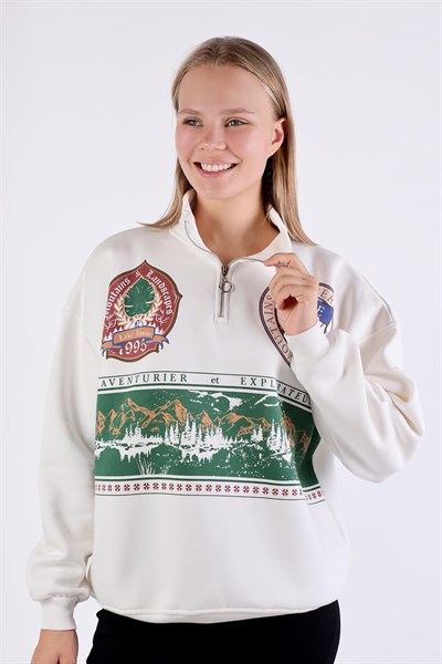 Ekru Baskılı Fermuarlı Sweat 1118