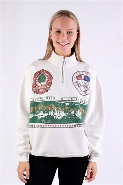 Ekru Baskılı Fermuarlı Sweat 1118