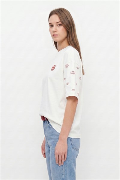 Ekru Bisiklet Yaka Kısa Kol Yazı Baskılı Oversize Tişört 8480