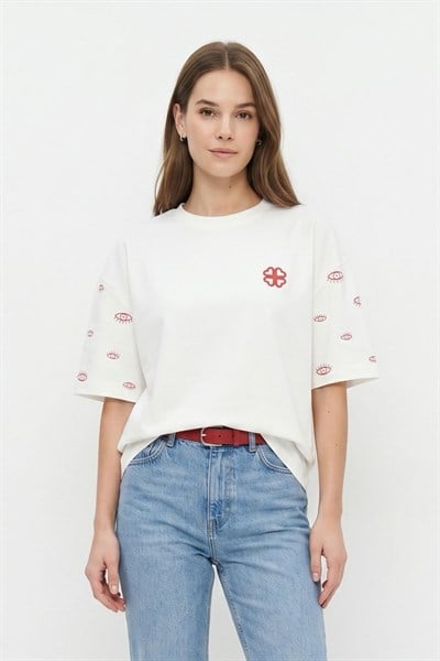 Ekru Bisiklet Yaka Kısa Kol Yazı Baskılı Oversize Tişört 8480