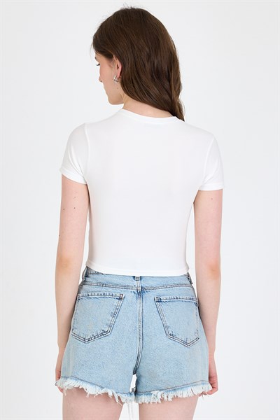 Ekru Bisiklet Yaka Taş İşleme Detaylı Slim Fit Crop Tişört 1149