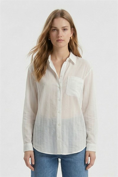 Ekru Cepli Çizgili Oversize Gömlek 5449