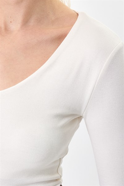 Ekru Fitilli V Yaka Uzun Kollu Kadın Body 8266A
