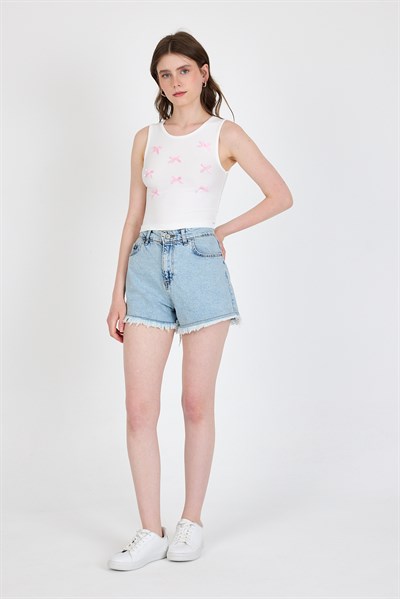 Ekru Fiyonk İşlemeli Crop Örme Atlet 0849