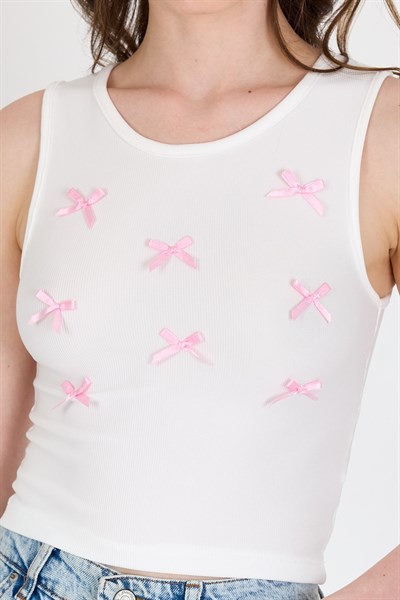 Ekru Fiyonk İşlemeli Crop Örme Atlet 0849