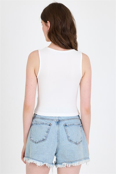 Ekru Fiyonk İşlemeli Crop Örme Atlet 0849