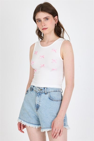 Ekru Fiyonk İşlemeli Crop Örme Atlet 0849