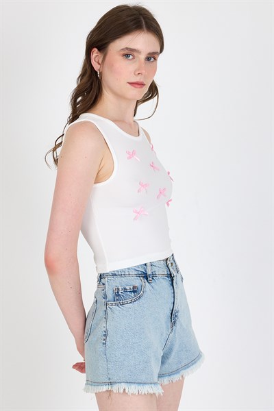 Ekru Fiyonk İşlemeli Crop Örme Atlet 0849