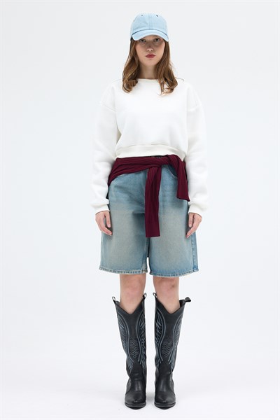 Ekru Kadın Crop Bisiklet Yaka Sweatshirt 9210M