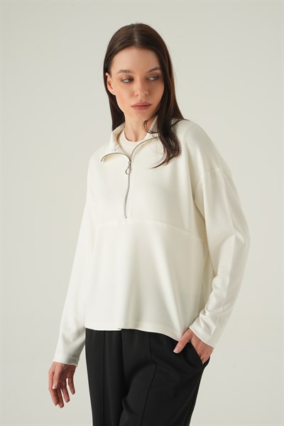 Ekru Yarım Fermuarlı Sweat 8249A
