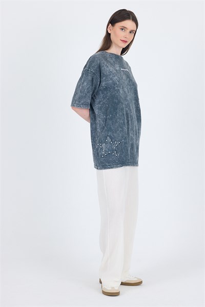 Füme İnci Yıldız Nakışlı Oversize Tişört 253018