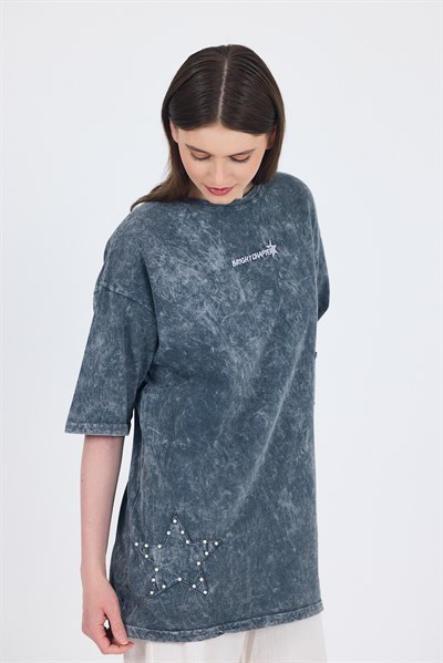 Füme İnci Yıldız Nakışlı Oversize Tişört 253018