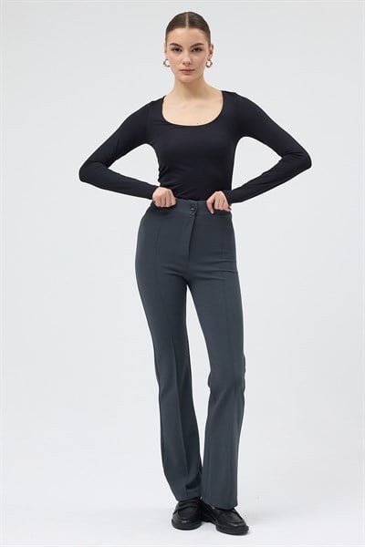 Füme Straight/Düz Kesim Yüksek Bel Nervür Dikişli Örme Pantolon TCR-6873A