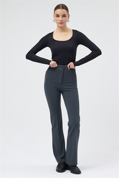 Füme Straight/Düz Kesim Yüksek Bel Nervür Dikişli Örme Pantolon TCR-6873A