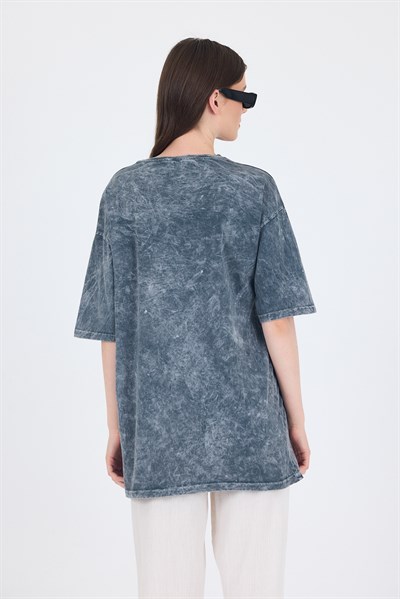 Füme Yazı Nakışlı Oversize Tişört 253017