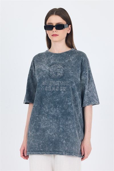 Füme Yazı Nakışlı Oversize Tişört 253017