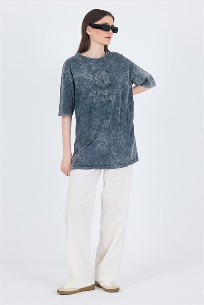 Füme Yazı Nakışlı Oversize Tişört 253017