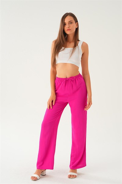 Fuşya Beli Lastikli Bol Paça Dokuma Pantolon 4284-1