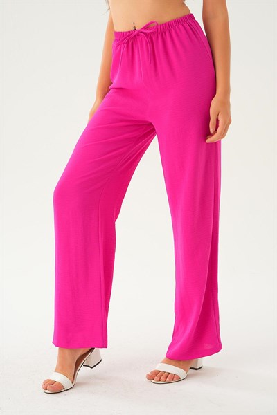 Fuşya Beli Lastikli Bol Paça Dokuma Pantolon 4284-1