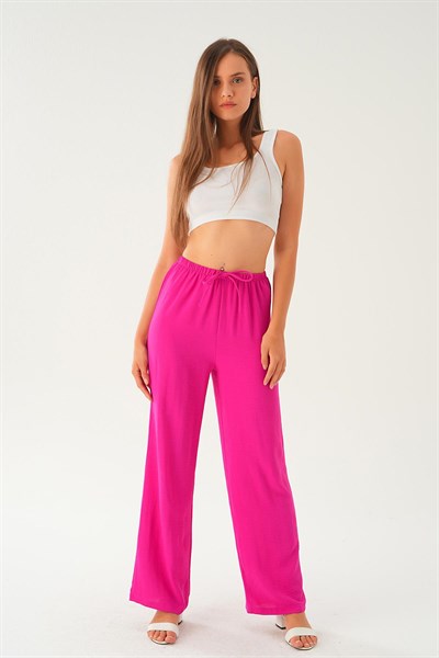 Fuşya Beli Lastikli Bol Paça Dokuma Pantolon 4284-1
