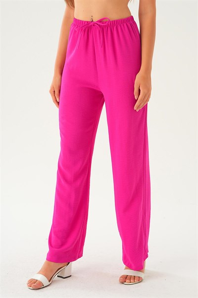 Fuşya Beli Lastikli Bol Paça Dokuma Pantolon 4284-1