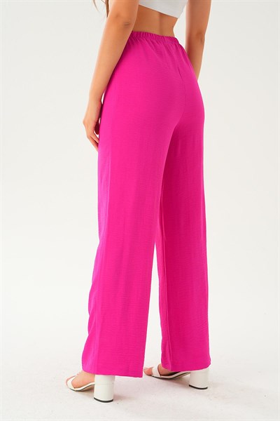 Fuşya Beli Lastikli Bol Paça Dokuma Pantolon 4284-1