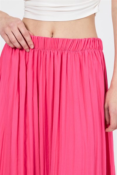 Fuşya Beli Lastikli Kırışık Kumaş Etek 4692A