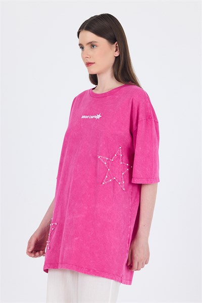 Fuşya İnci Yıldız Nakışlı Oversize Tişört 253018
