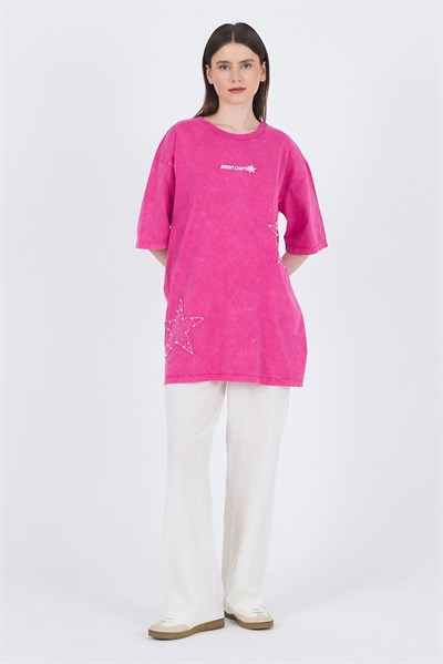 Fuşya İnci Yıldız Nakışlı Oversize Tişört 253018
