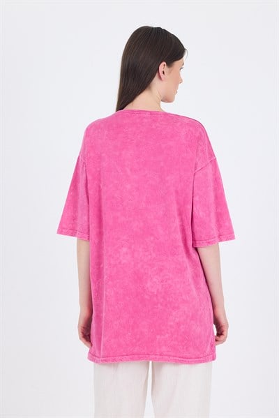 Fuşya Yazı Nakışlı Oversize Tişört 253017