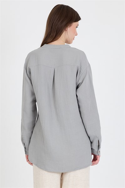 Gri %100 Pamuk Keten Görünümlü Hakim Yaka Tunik Gömlek 4698A