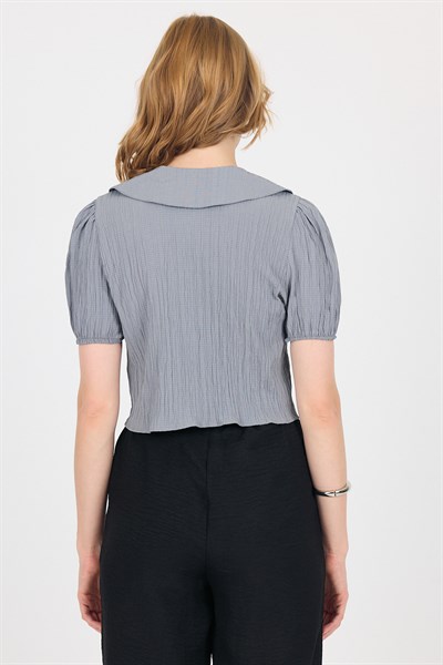 Gri Bağlama Detaylı Bebe Yaka Crop Bluz 8064