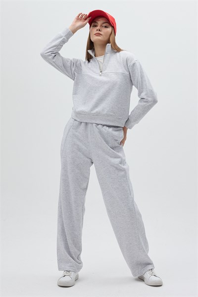 Gri Dik Yaka Önü Fermuar Detaylı Kadın Sweatshirt 3110A