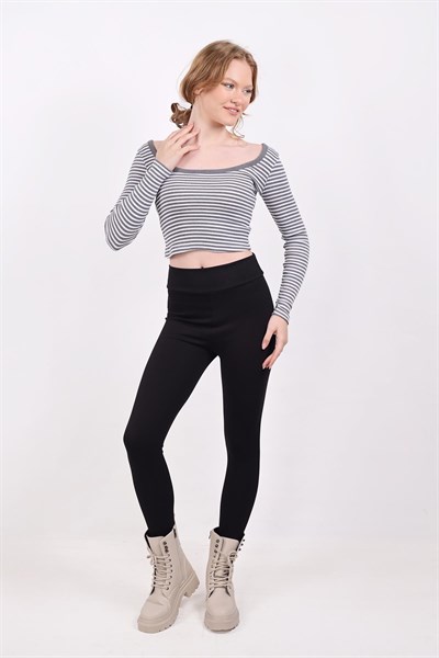 Gri Kare Yaka Çizgili Crop Bluz 9904