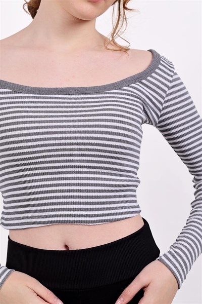 Gri Kare Yaka Çizgili Crop Bluz 9904
