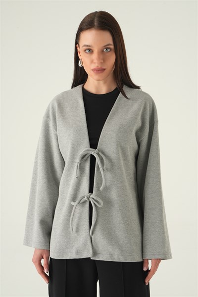Gri Ön Bağlamalı Uzun Kimono 3072A