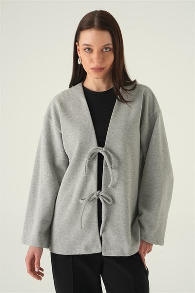 Gri Ön Bağlamalı Uzun Kimono 3072A