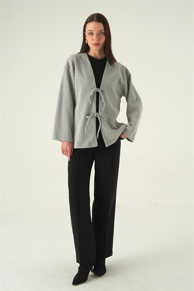 Gri Ön Bağlamalı Uzun Kimono 3072A