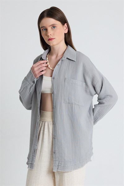 Gri Oversize %100 Pamuk Müslin Gömlek 4786A