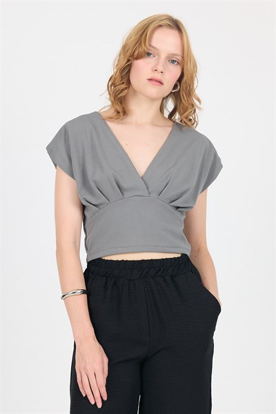 Gri Vatkalı V Yaka Kruvaze Crop Bluz 4227