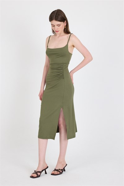 Haki Askılı Yırtmaçlı Drape Detaylı Dokuma Elbise 21003