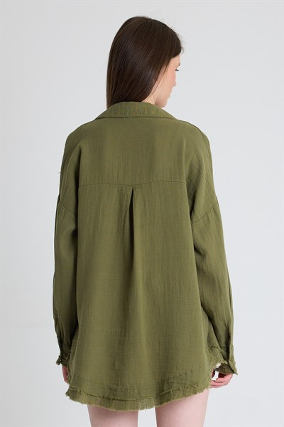 Haki Oversize %100 Pamuk Müslin Gömlek 4786A