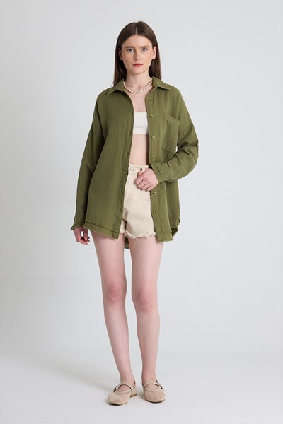 Haki Oversize %100 Pamuk Müslin Gömlek 4786A