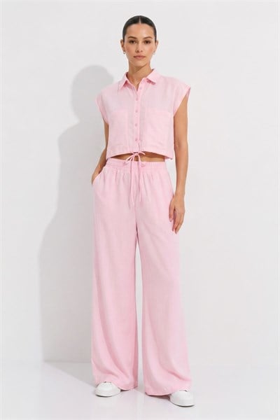 Kadın Alt-Üst Takım-Cepli crop Gömlek Pantolon Takım 7157 Pembe -rulem